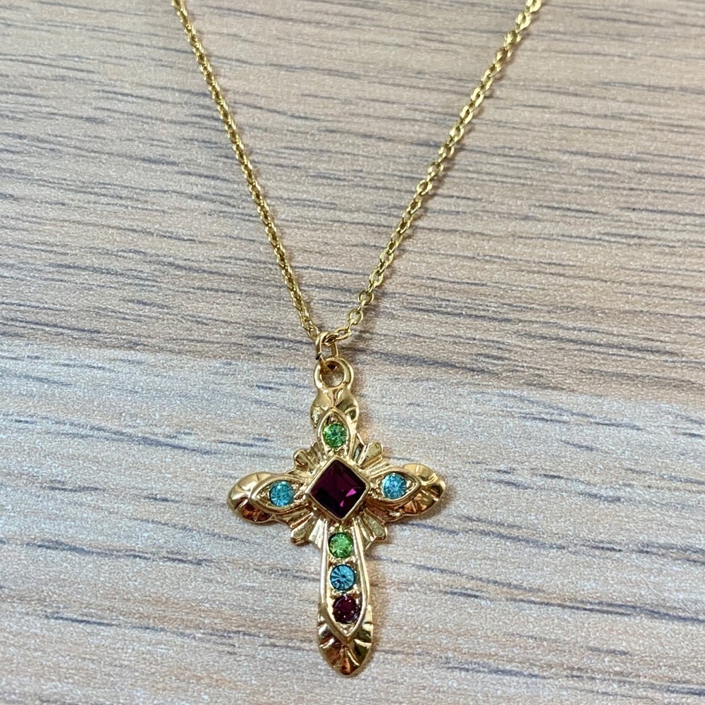 Dainty Jeweled Gold Cross Necklace